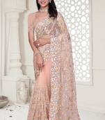 peach resham zarkan stone embroidery work net saree