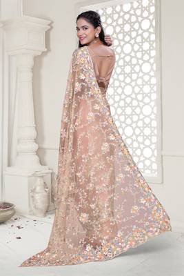 peach resham zarkan stone embroidery work net saree 2