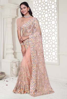 peach resham zarkan stone embroidery work net saree 3