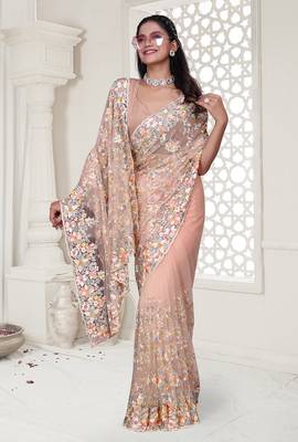 peach resham zarkan stone embroidery work net saree 4