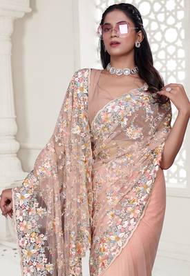 peach resham zarkan stone embroidery work net saree 5