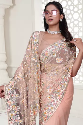 peach resham zarkan stone embroidery work net saree