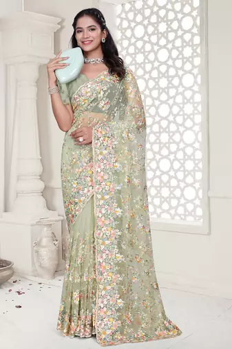pista resham zarkan stone embroidery work net saree