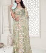 pista resham zarkan stone embroidery work net saree