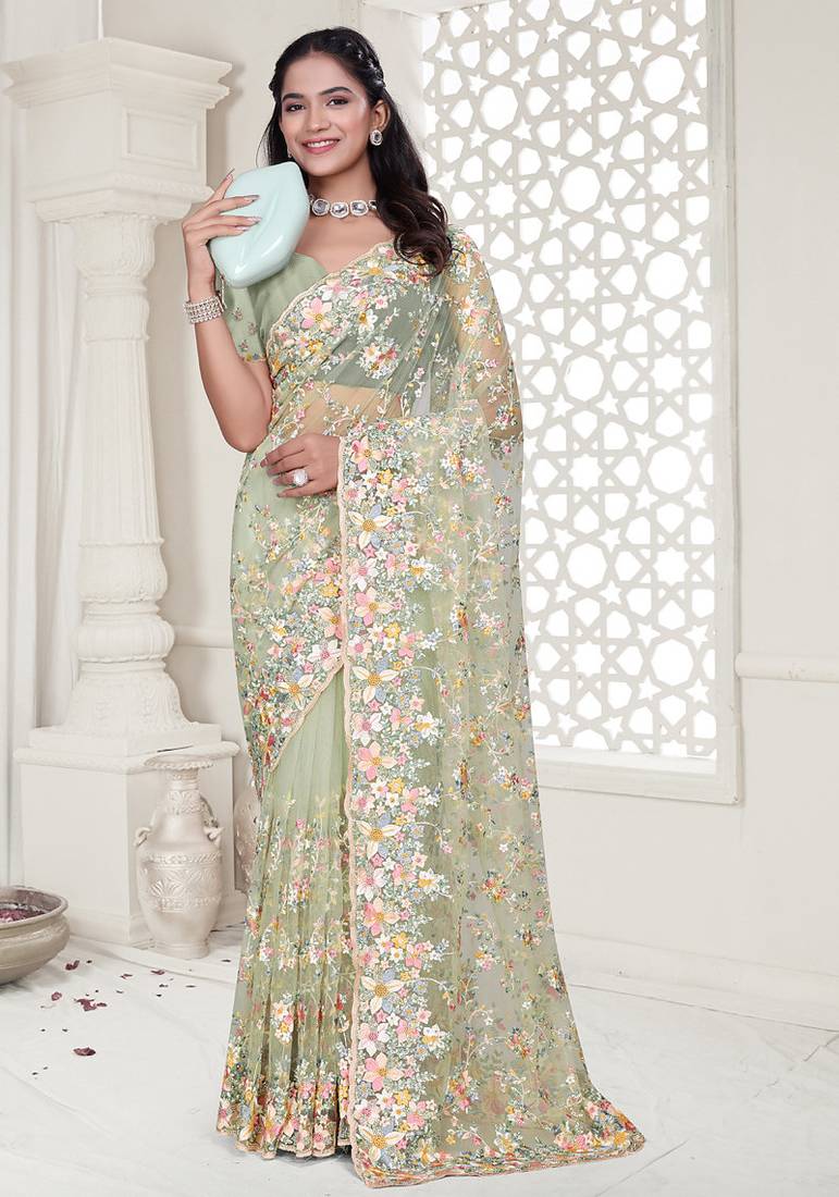 pista resham zarkan stone embroidery work net saree