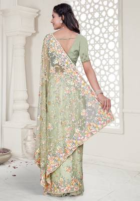 pista resham zarkan stone embroidery work net saree 2