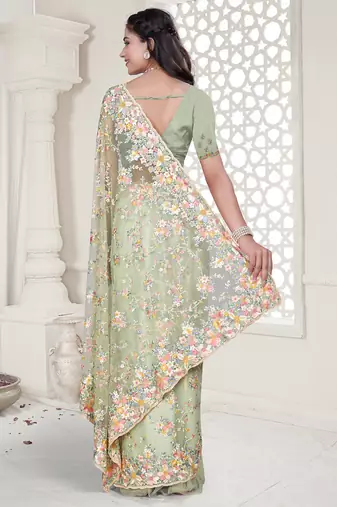 pista resham zarkan stone embroidery work net saree