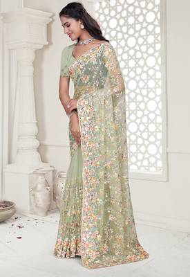 pista resham zarkan stone embroidery work net saree 3