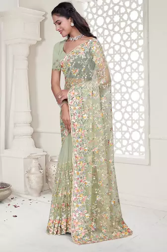 pista resham zarkan stone embroidery work net saree