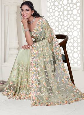 pista resham zarkan stone embroidery work net saree 4