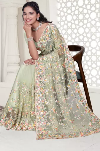 pista resham zarkan stone embroidery work net saree