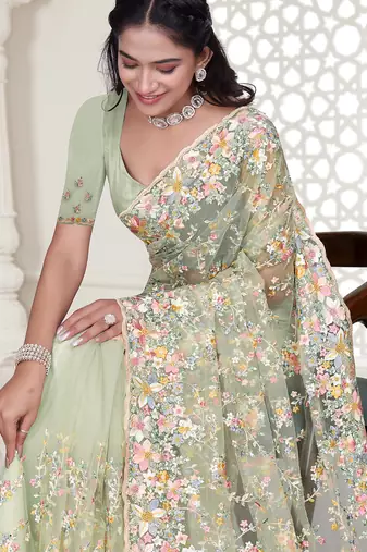 pista resham zarkan stone embroidery work net saree