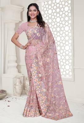 pink resham zarkan stone embroidery work net saree 1