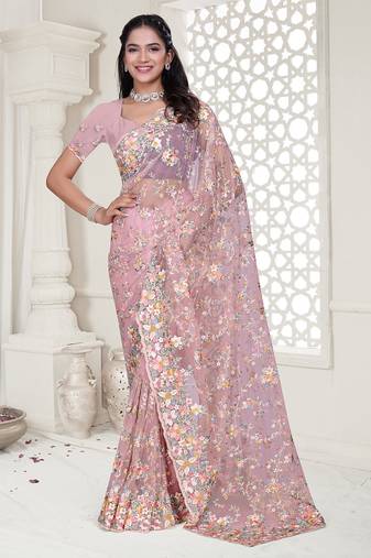 pink resham zarkan stone embroidery work net saree