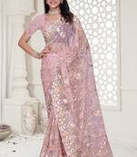 pink resham zarkan stone embroidery work net saree