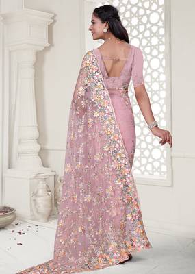 pink resham zarkan stone embroidery work net saree 2