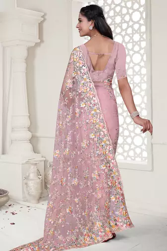 pink resham zarkan stone embroidery work net saree