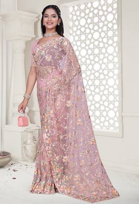 pink resham zarkan stone embroidery work net saree 3