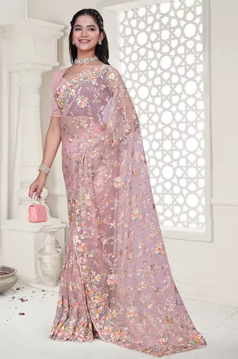 pink resham zarkan stone embroidery work net saree
