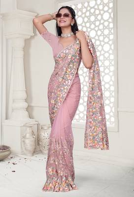 pink resham zarkan stone embroidery work net saree 4