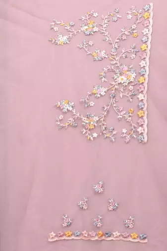 pink resham zarkan stone embroidery work net saree