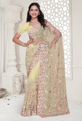 yellow resham zarkan stone embroidery work net saree 1