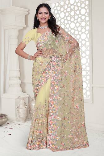yellow resham zarkan stone embroidery work net saree