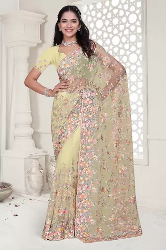 yellow resham zarkan stone embroidery work net saree