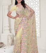 yellow resham zarkan stone embroidery work net saree