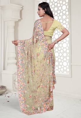 yellow resham zarkan stone embroidery work net saree 2