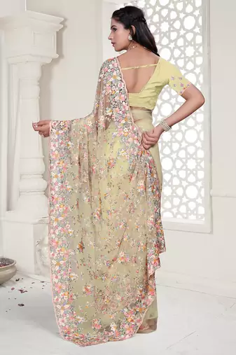yellow resham zarkan stone embroidery work net saree
