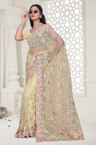 yellow resham zarkan stone embroidery work net saree