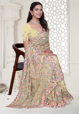 yellow resham zarkan stone embroidery work net saree 4