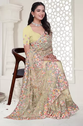 yellow resham zarkan stone embroidery work net saree