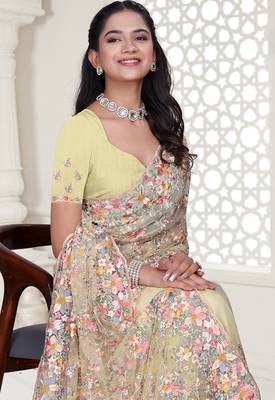 yellow resham zarkan stone embroidery work net saree 5
