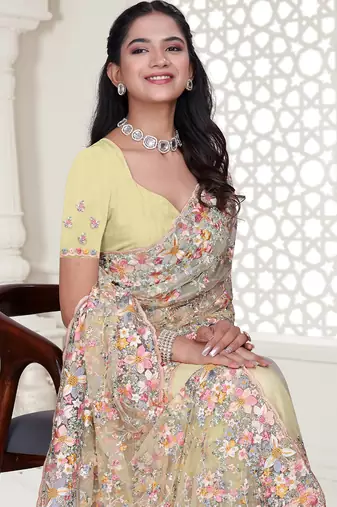 yellow resham zarkan stone embroidery work net saree