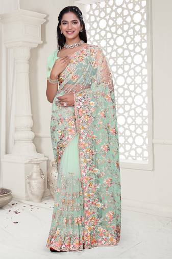 sea green resham zarkan stone embroidery work net saree