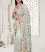 sea green resham zarkan stone embroidery work net saree
