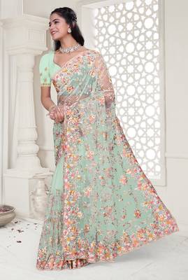 sea green resham zarkan stone embroidery work net saree 3