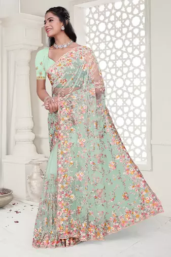 sea green resham zarkan stone embroidery work net saree