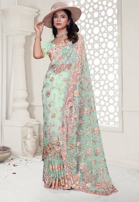 sea green resham zarkan stone embroidery work net saree 4