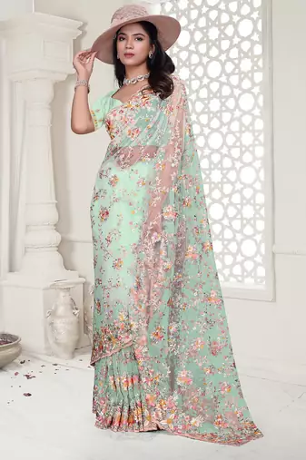 sea green resham zarkan stone embroidery work net saree