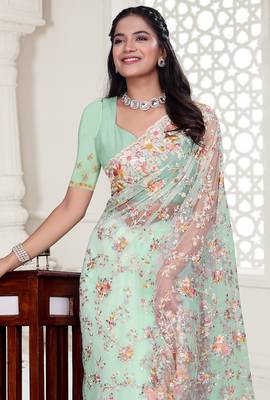 sea green resham zarkan stone embroidery work net saree 5