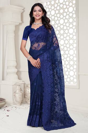 navy blue resham zarkan stone embroidery work net saree