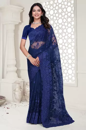 navy blue resham zarkan stone embroidery work net saree