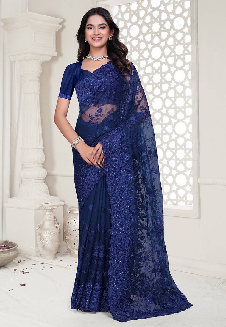 navy blue resham zarkan stone embroidery work net saree