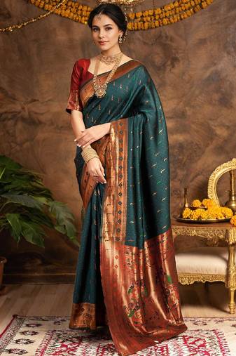 Dark green zari woven silk paithani saree with unstitched blouse     designer & traditional wear