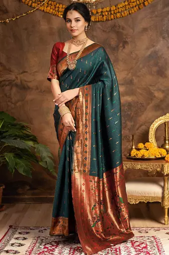 Dark green zari woven silk paithani saree with unstitched blouse     designer & traditional wear