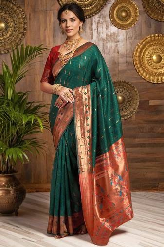 Green zari woven silk blend paithani saree and unstitched blouse 