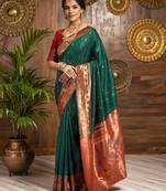 Green zari woven silk blend paithani saree and unstitched blouse 